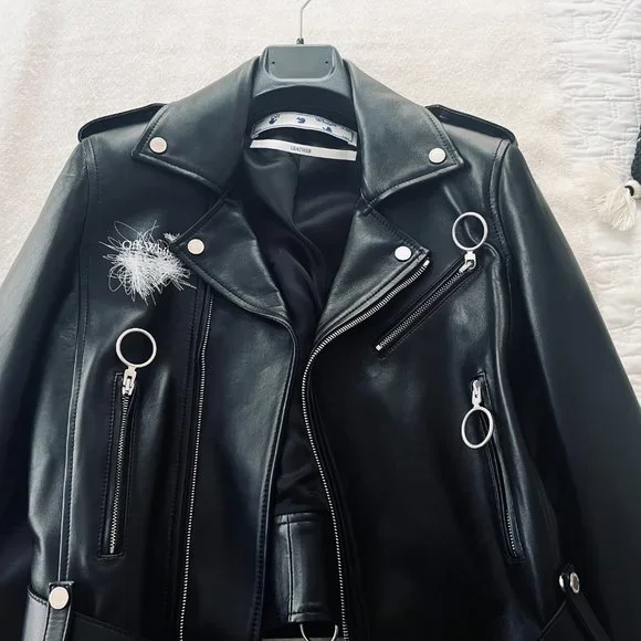 BRAND NEW Off-White c/o Virgil Abloh Arrows-Motif Biker Jacket (BLACK Leather)
